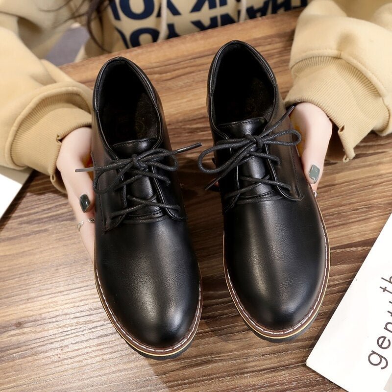 Women New British Style Oxford Shoes Full Black Shape Brogue Outsole Mole Lace Up Creeper Zapatos Mujer Ladies Shoes