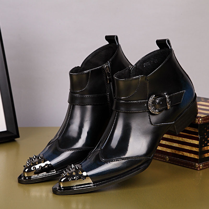 Black Leather Studded Military Boots Rivets Steel Toe Buckle Strap Work Shoes Male