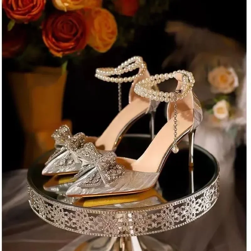 2025 Summer Fashion Pointed Toe Sandals Women's Rhinestone Pearl Butterfly Gold Silver High Heels Party Wedding Plus Size Shoes