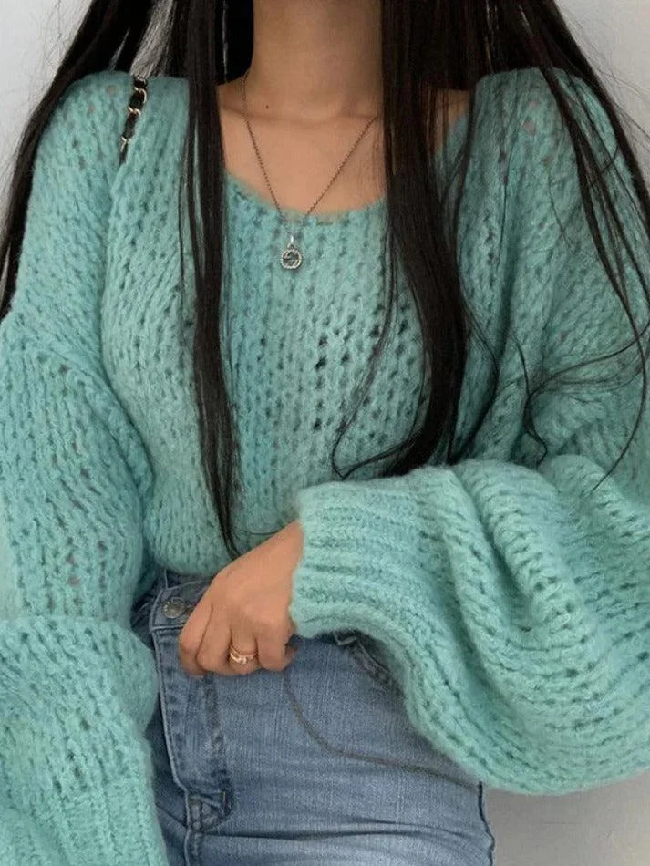 Brownm Cutout Lantern Sleeve Baggy Sweater