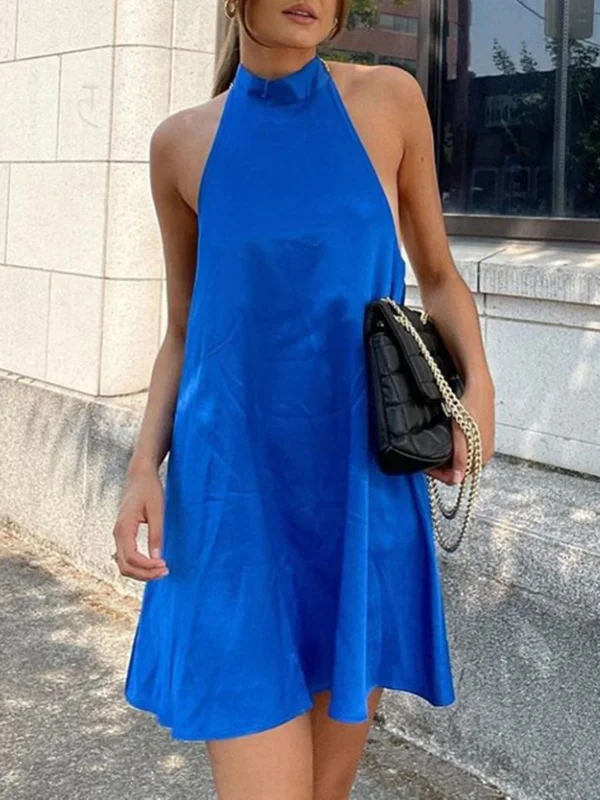 Tied Solid Color Backless Sleeveless Loose Halter-Neck Mini Dresses