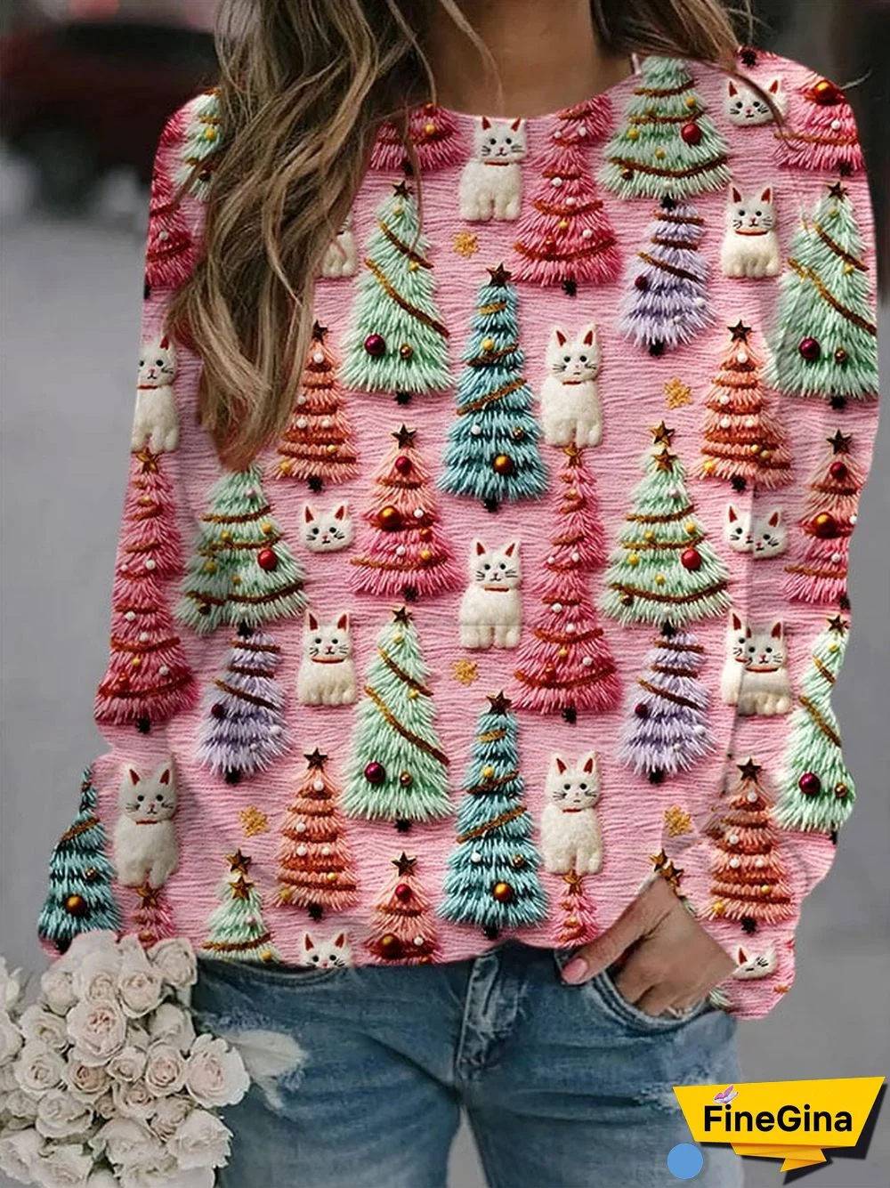 Women's Plush Christmas Tree Cat Print Sweatshirt