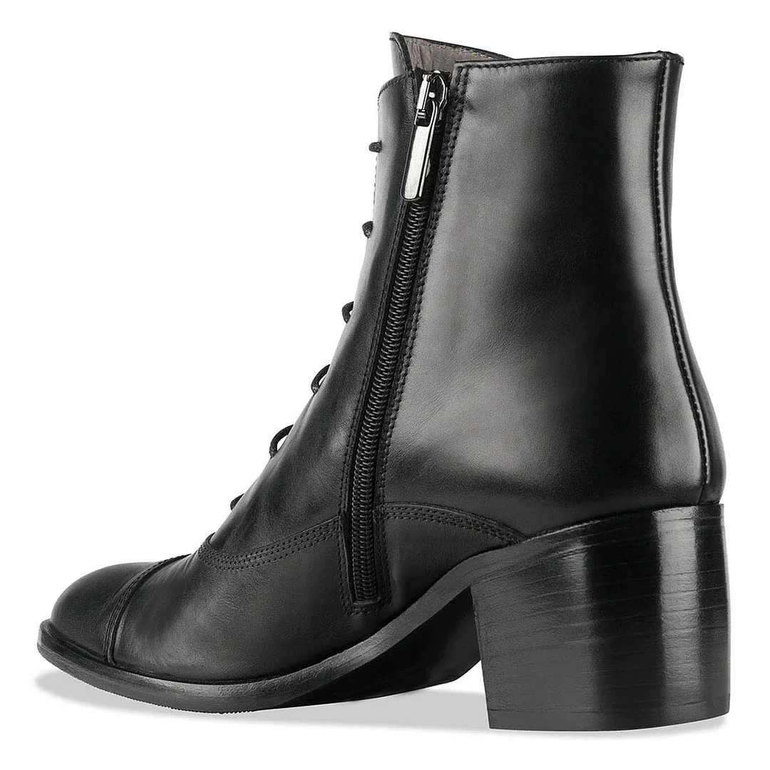 Vegan Leather Almond Toe Side-Zip Decorative Heel Black Ankle Booties
