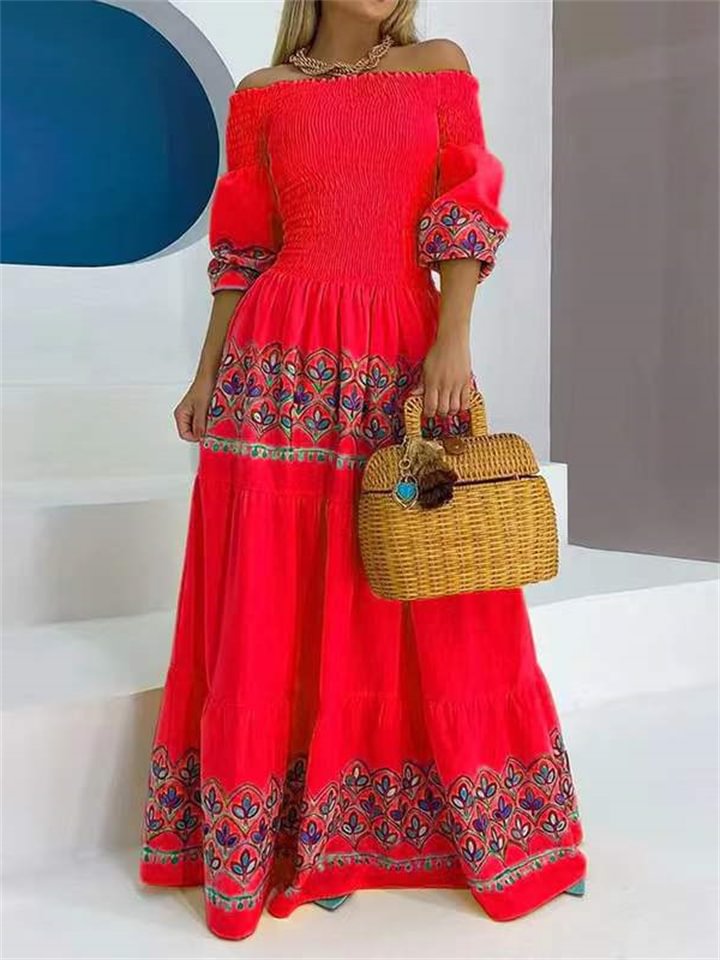 High Waist Style Commuter Loose Print Off Shoulder Dress -vasmok