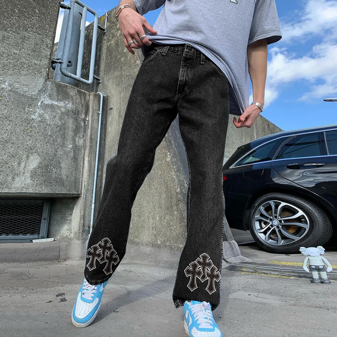 Street casual cross print straight-leg jeans