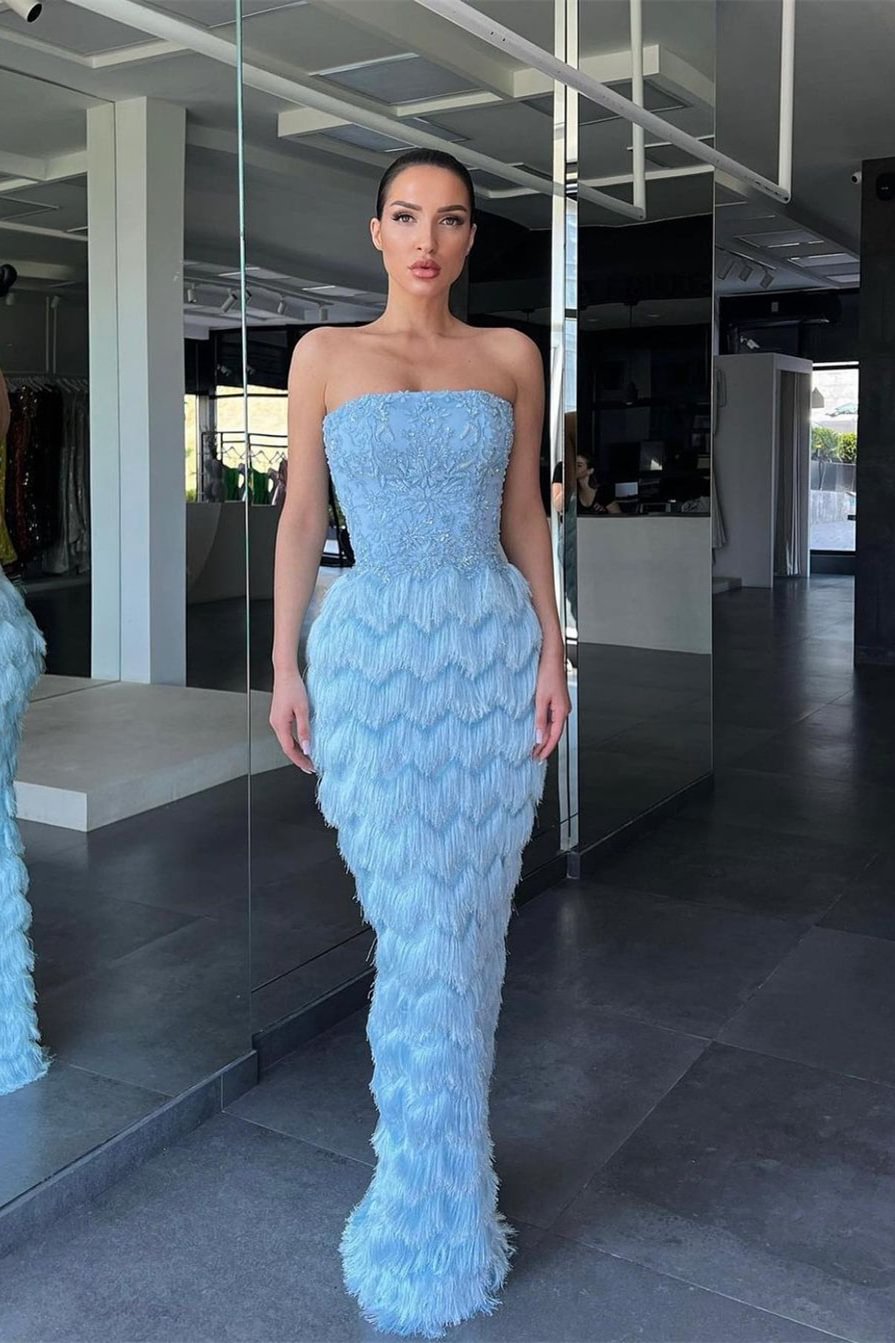 Sky Blue Mermaid Strapless Tassels Prom Dress With Appliques | Ballbellas Ballbellas