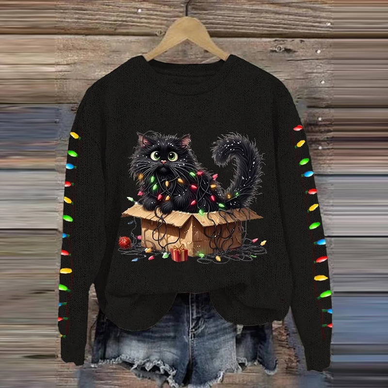 Women's Christmas Cat Print Crew Neck Casual Sweatshirt wearshes