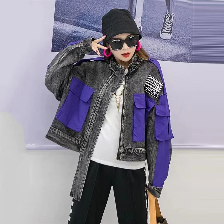 Stylish Stand Collar Contrast Color Patchwork Splicing Pockets Single-breasted Long Sleeve Jacket 