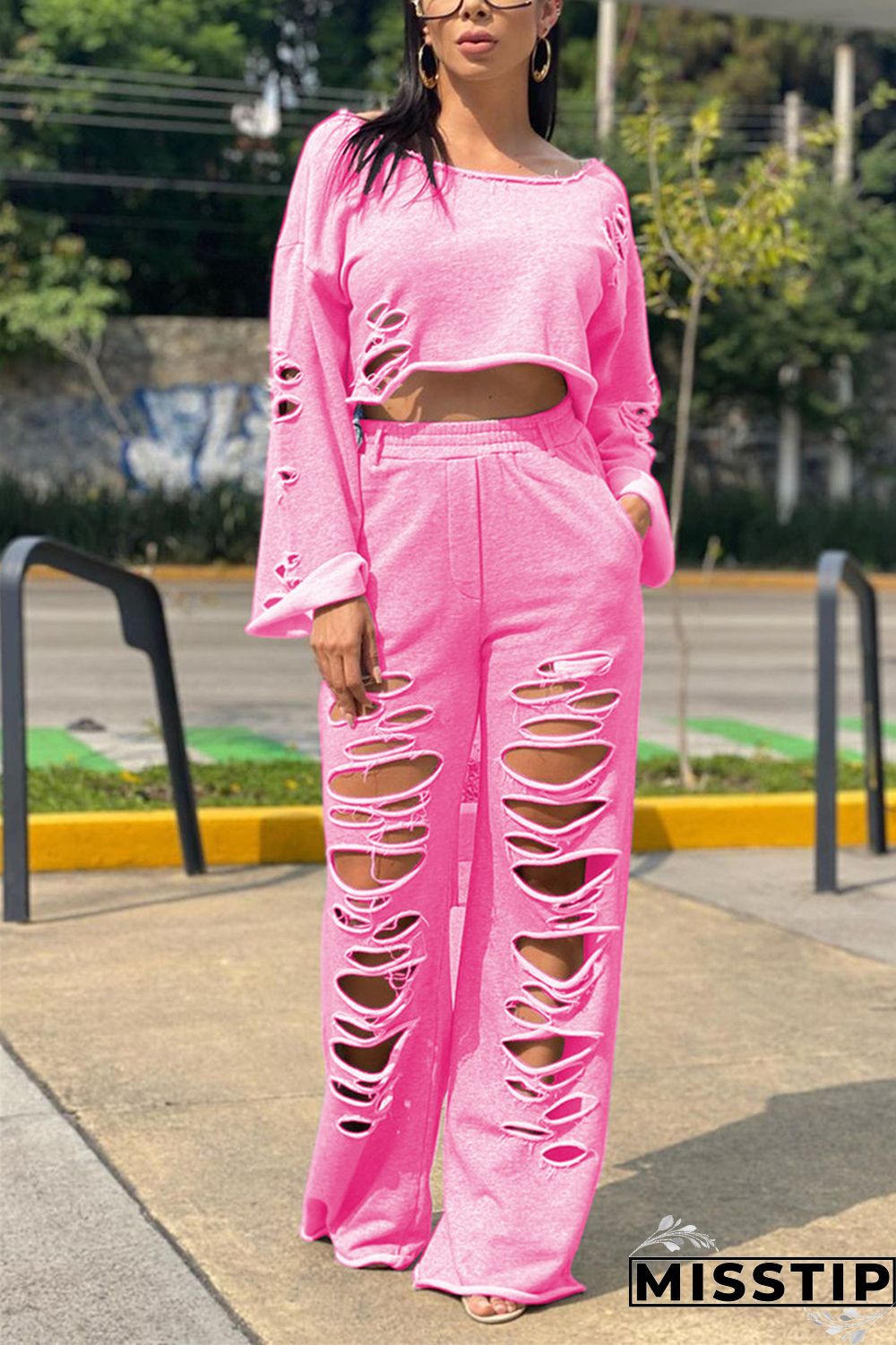 Dark Blue Casual Geometric pencil Long Sleeve Two Pieces