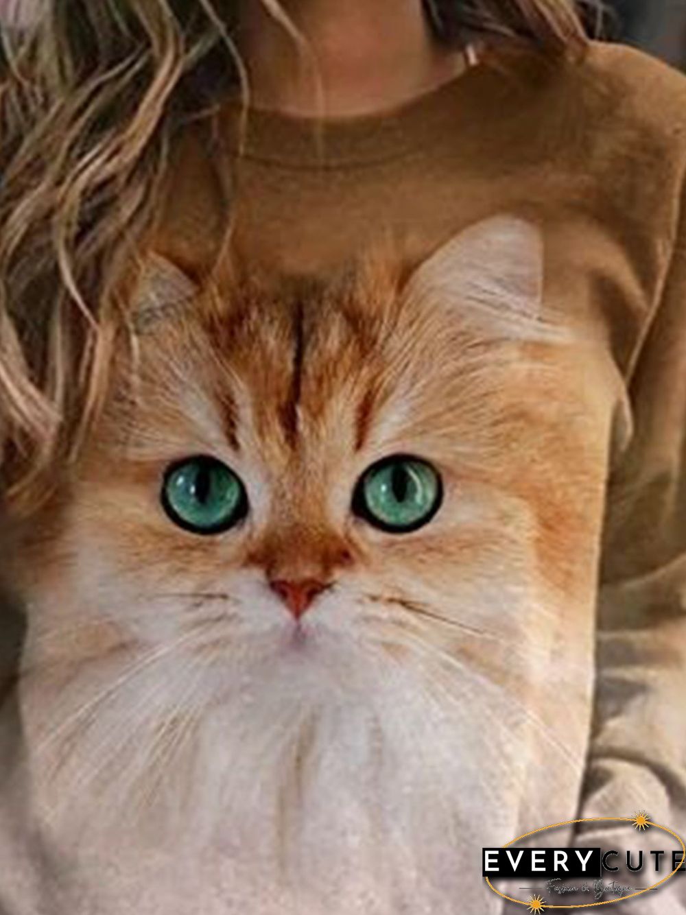 Brown Cat Printed Casual Long Sleeve Shift Tops