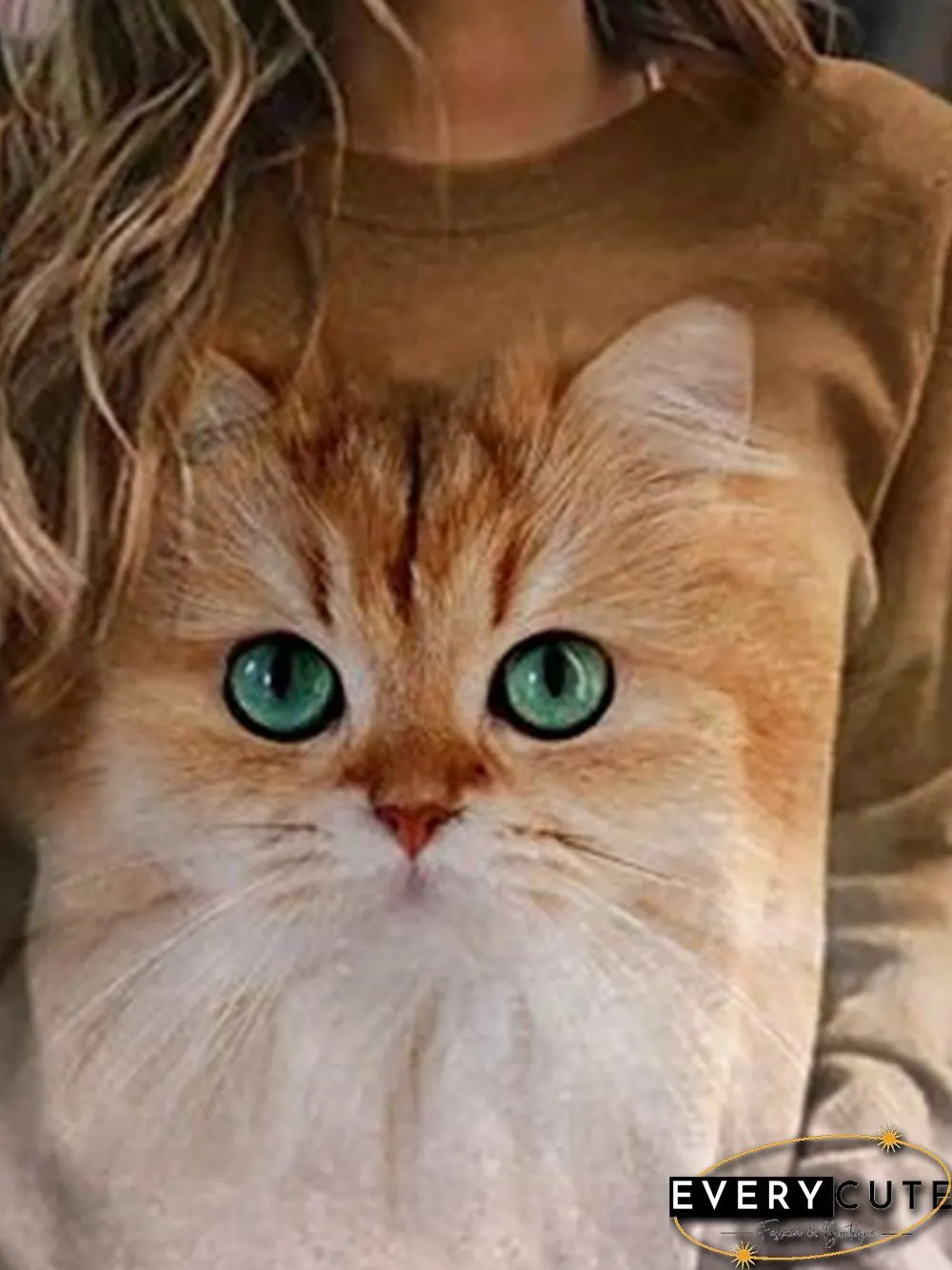 Brown Cat Printed Casual Long Sleeve Shift Tops