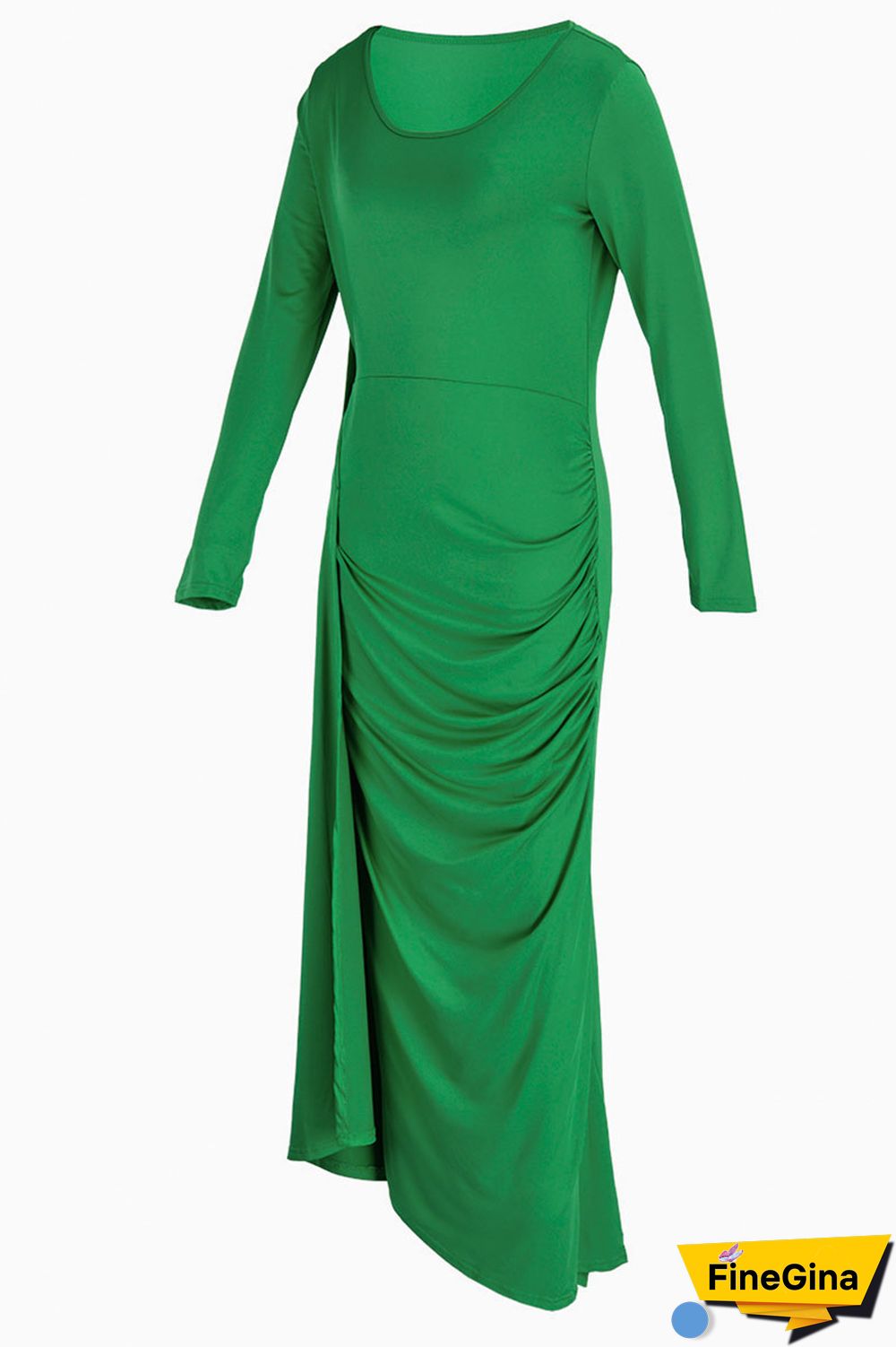 Green Casual Solid Patchwork Fold Asymmetrical O Neck Straight Dresses