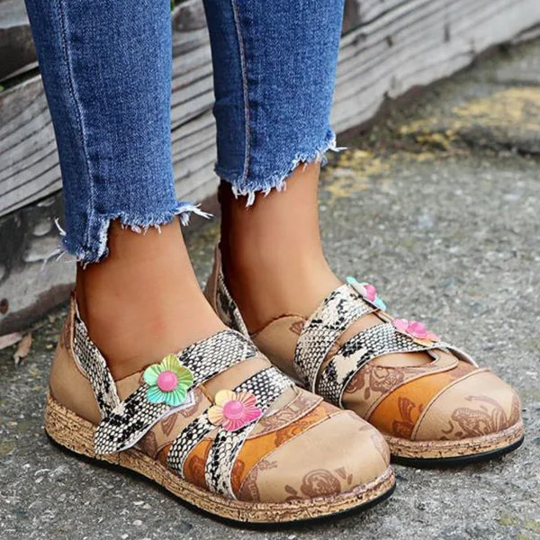 Women'S Retro British Floral Leather All-Match Flats