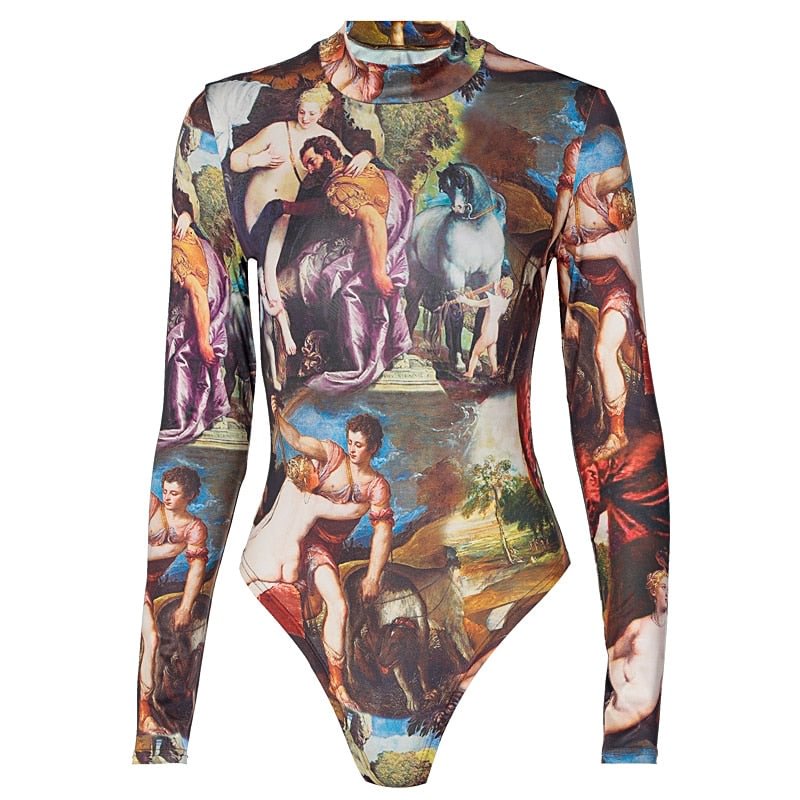 Hawthaw Women Autumn Fashion Long Sleeve Painting Printed Skinny Slim O Neck Bodysuit Romper Playsuit 2020 Fall Clothes