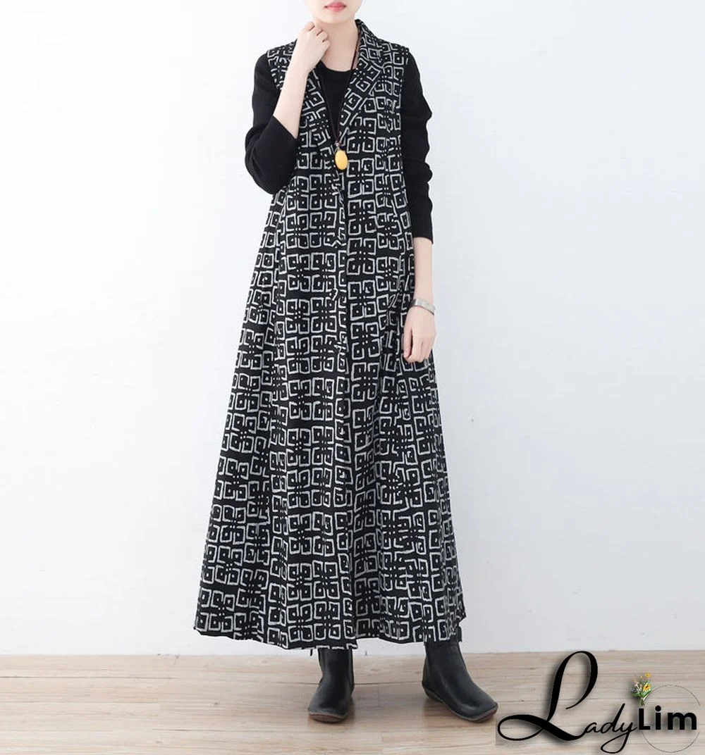 boutique black cotton polyester coat trendy plus size prints outwear women sleeveless maxi coat