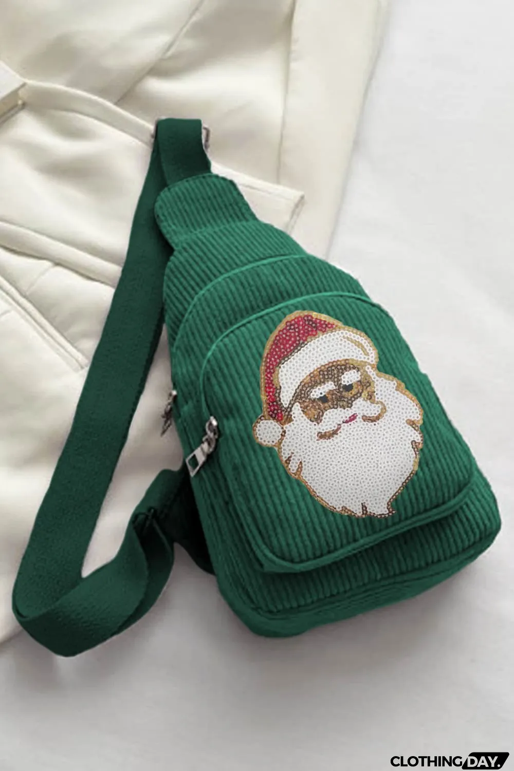 Blackish Green Christmas Sequined Santa Claus Corduroy Sling Bag