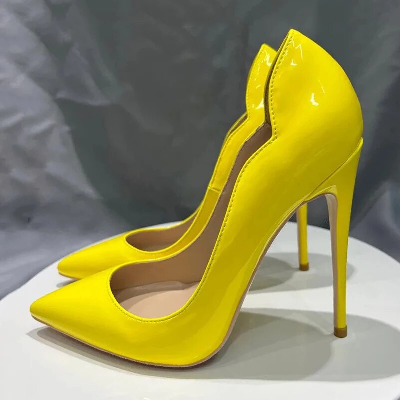 VCshoes Woman 12cm Stilettos Glossy Patent Side V Cut Black High Heels Pointed Toe Celebrity For Pumps Dress Curl Cut Shoes