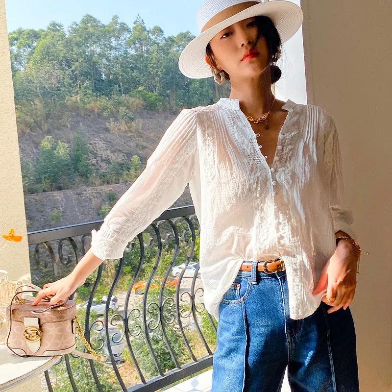 Brownm Spring Lace French Style White Shirt Long Sleeve Blouses
