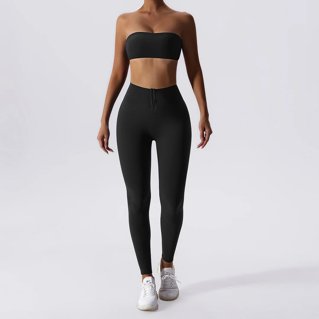 Solid color elastic bra+sports leggings 2-piece set