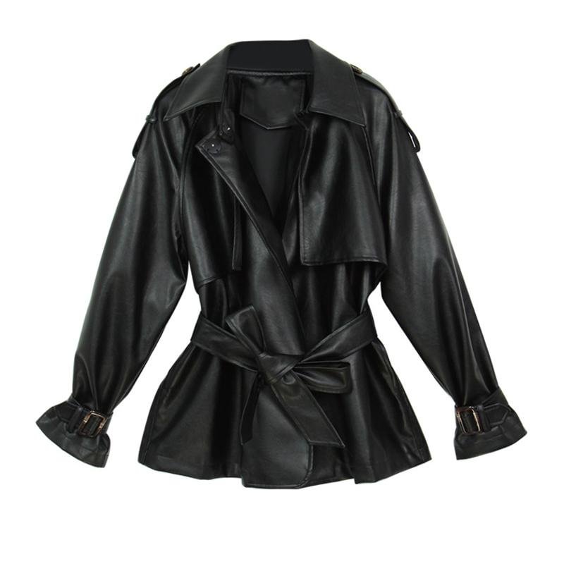 FTLZZ Autumn Women Loose Pu Faux Soft Leather Jacket Turndown Collar Motorcycle Black Coat Female Streetwear Outerwear With Belt
