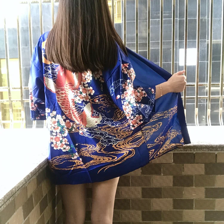 Blue/Black Harajuku Flower Carp Kimono Haori SP1812294
