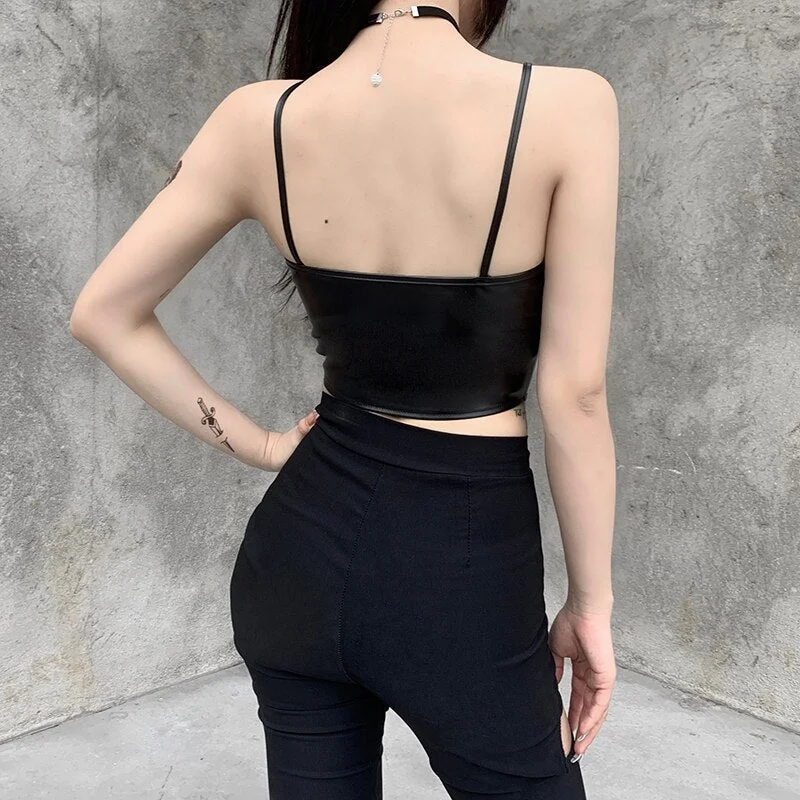 InsGoth PU Leather Y2K Camis Gothic Sexy Spaghetti Straps Black Camisole Punk Streetwear Bodycon Backless Women Cropped Tops