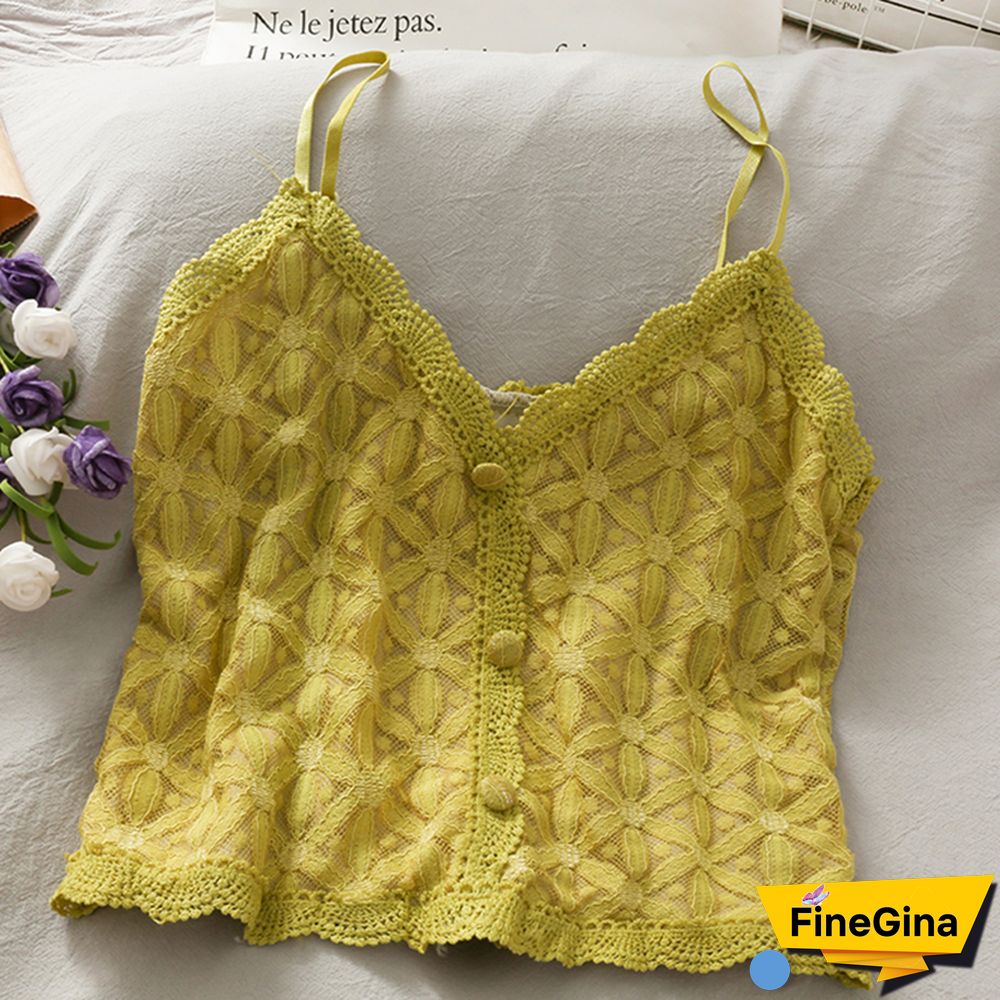 Korean Sling Camisoles Women Clothes Hollow Lace Stitching Dot Print Crop Tops Button Stitching Skinny Tank Top Female Camis