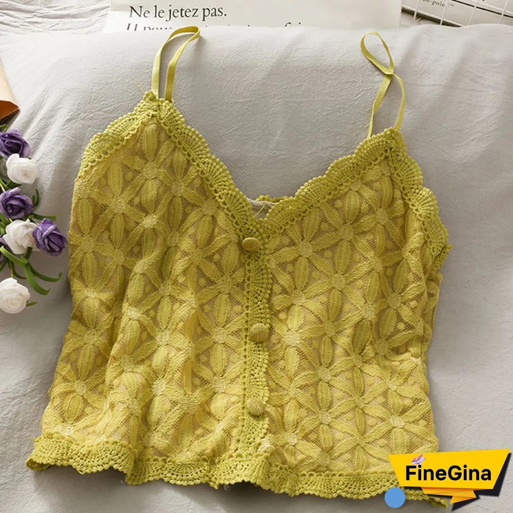 Korean Sling Camisoles Women Clothes Hollow Lace Stitching Dot Print Crop Tops Button Stitching Skinny Tank Top Female Camis