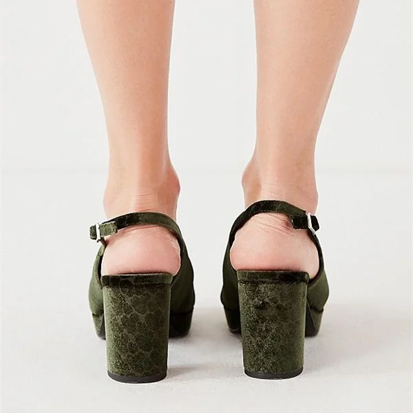 Green Velvet Heels Chunky Heel Closed Toe Platform Pumps