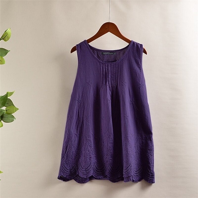ZANZEA 2022 Lace Tops Women's Hollow Bllouse Elegant Casual Summer Tank Tunic Female O Neck Sleeveless Blusas  Chemise