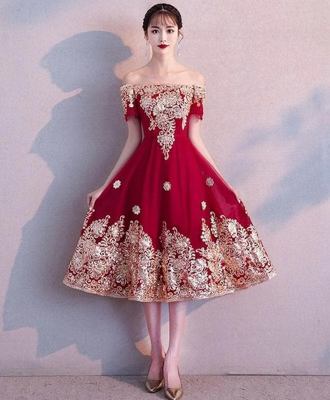 Burgundy Lace Short Prom Dress, Burgundy Lace Bridesmaid Dress