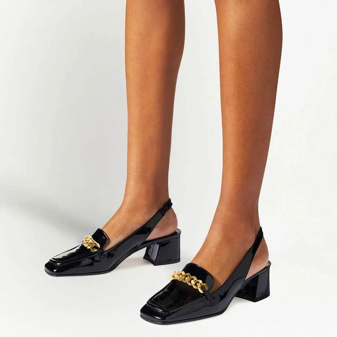 YDN Black Sqaure Toe Loafer Style Block Heel Pumps with Chain