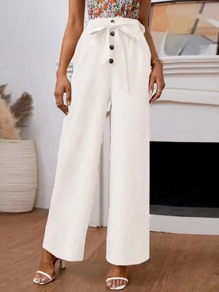 Budgetg Women Solid Belt Buttoned Trousers Summer Solid Cotton Linen Pants Lady Fashion Summer Vacation Loose Long Wide Leg Pant