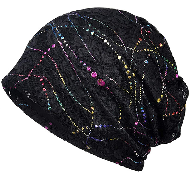 Lightweight Hotfix Rhinestone Beanie Hat, Embossed Lace Solid Color Trendy Skull Cap Casual Hair Accessories For Women