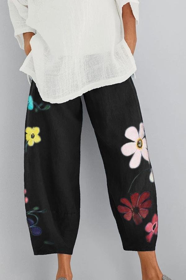 Floral Printed Linen Shift Pants-luchamp:luchamp