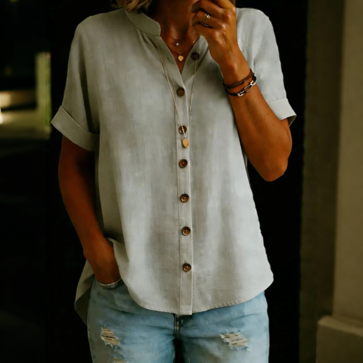 Comstylish Women's Solid Color Button V Neck Blend Loose T-shirt