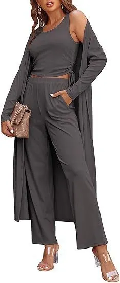 Women's 3 Piece Loungewear Set, Crop Cami Top + Wide Leg Pants + Long Cardigan