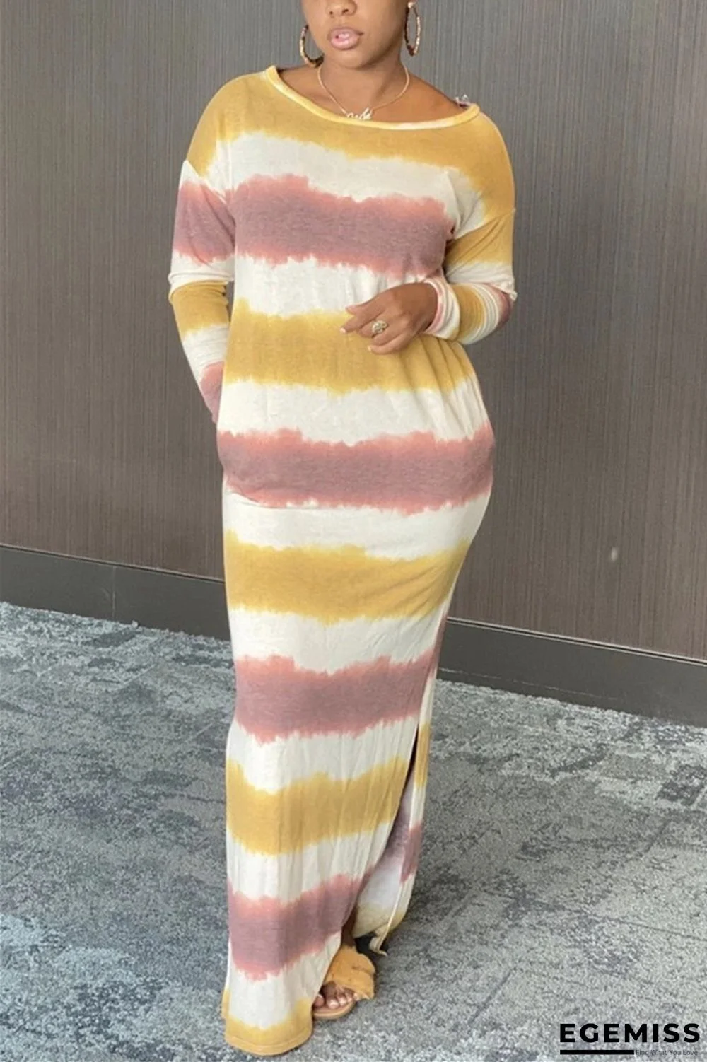 Yellow and purple Casual Spandex Milk Fiber Striped Print Slit Basic O Neck Long Sleeve Floor Length A Line Dresses | EGEMISS