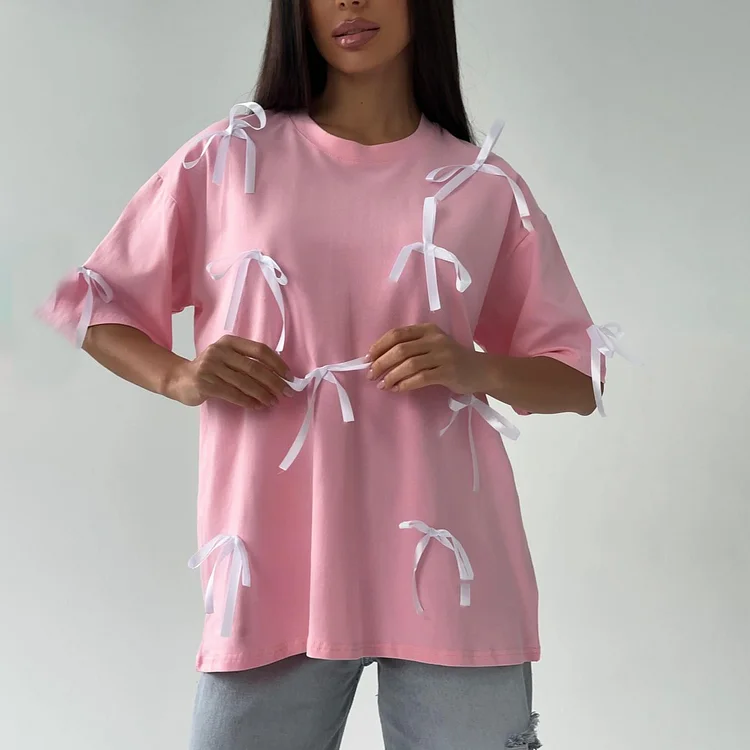 Bow Tie T-Shirt Top Loose Short Sleeves at Hiphopee