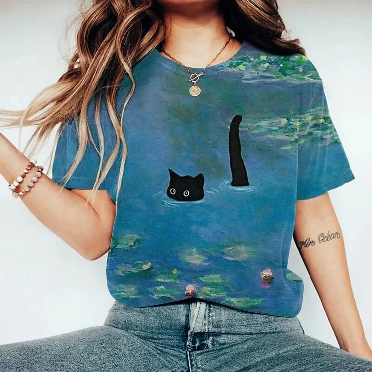 Women's Cute Cat Lotus Graphic Print Casual T-Shirt