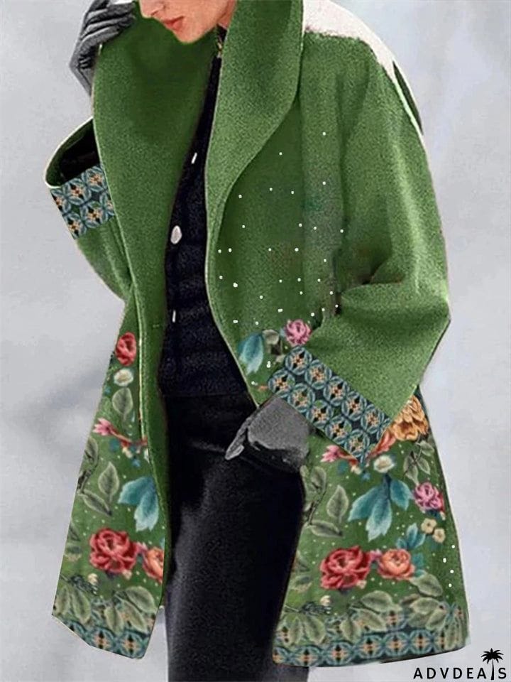 Women's Suit Collar Long Sleeve Floral Print Woolen Coat