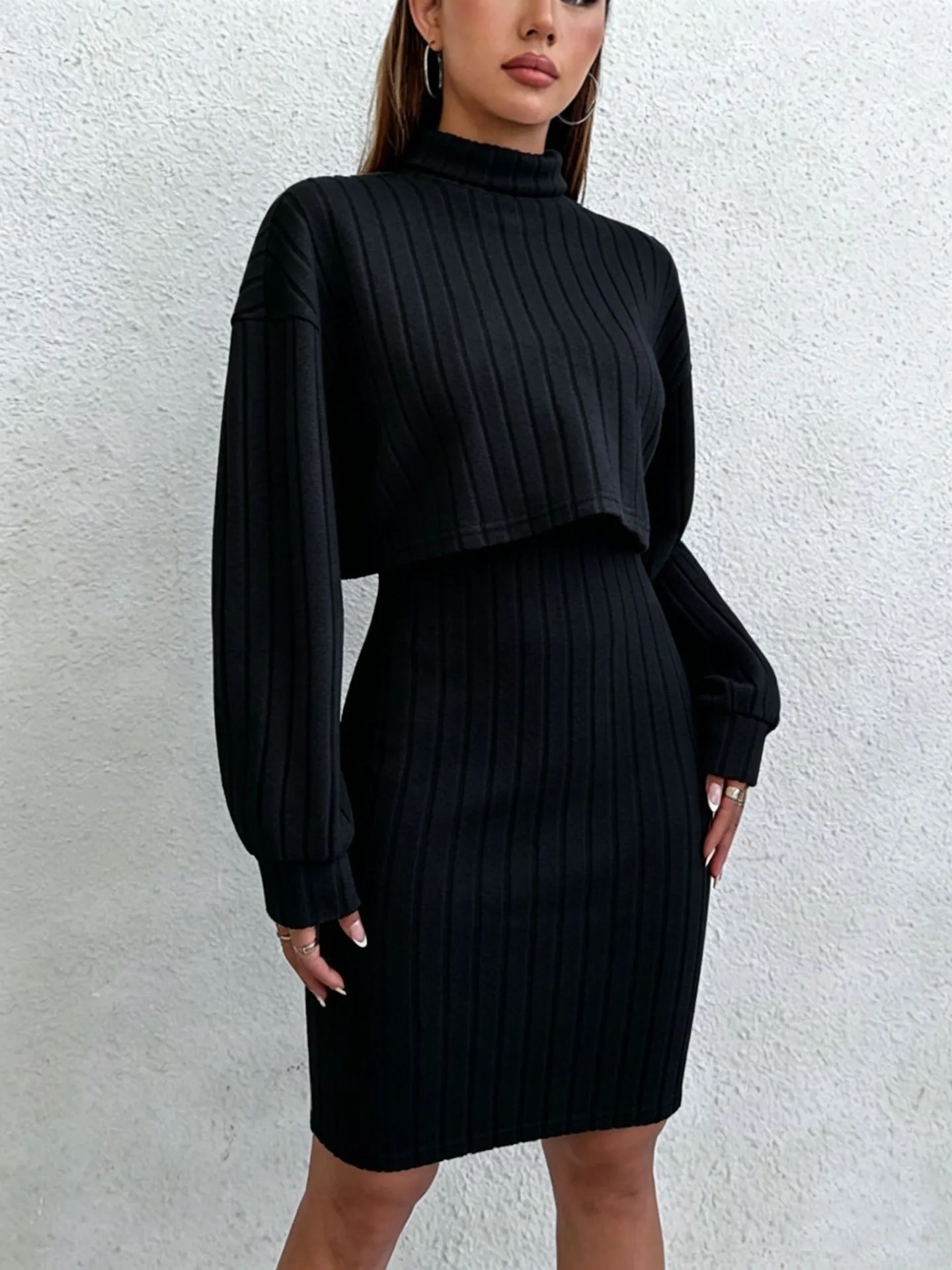 Women's Ribbed Knit Cropped Turtleneck Top + Bodycon Mini Dress Two-piece Outfit