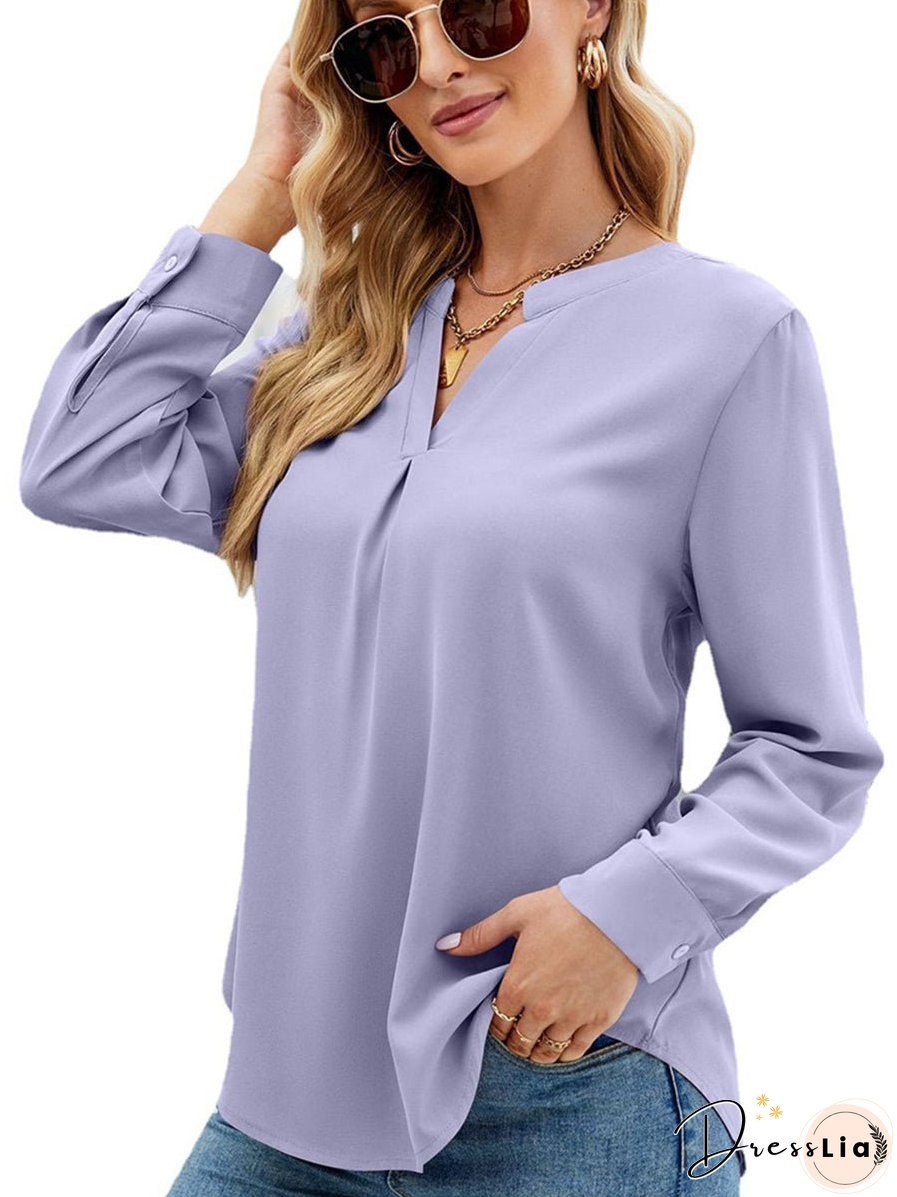 Solid Color Chiffon Loose V-Neck Long Sleeve T-Shirt