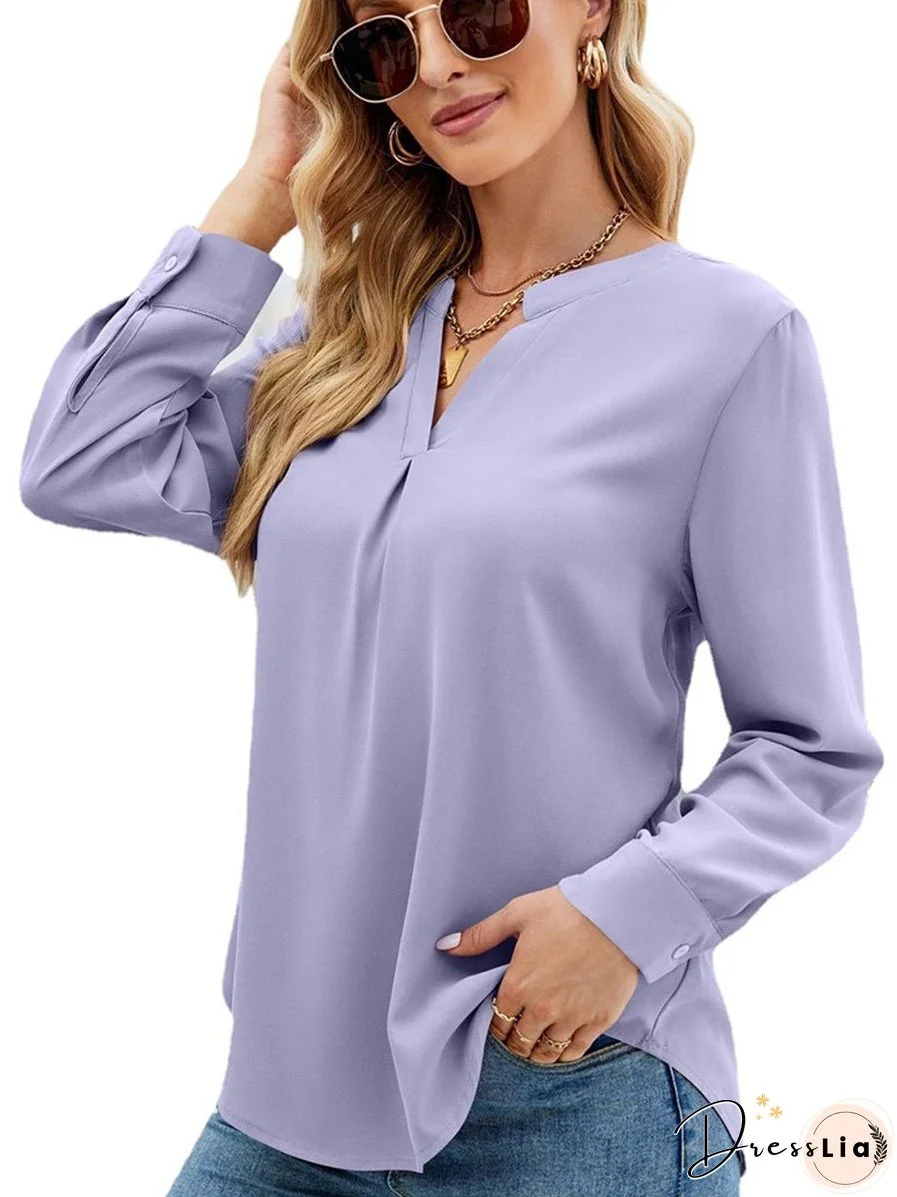 Solid Color Chiffon Loose V-Neck Long Sleeve T-Shirt