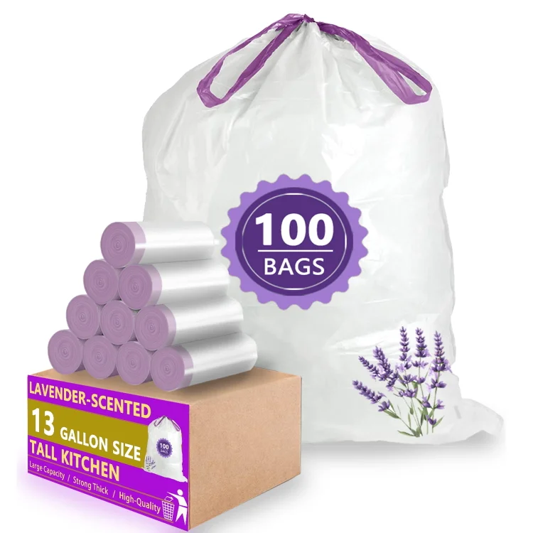 13 Gallon Trash Bags Lavender Scented (100 Count), Tall Kitchen Drawstring Garbage Bags 10-13 Gallon, High Density Bags (White)