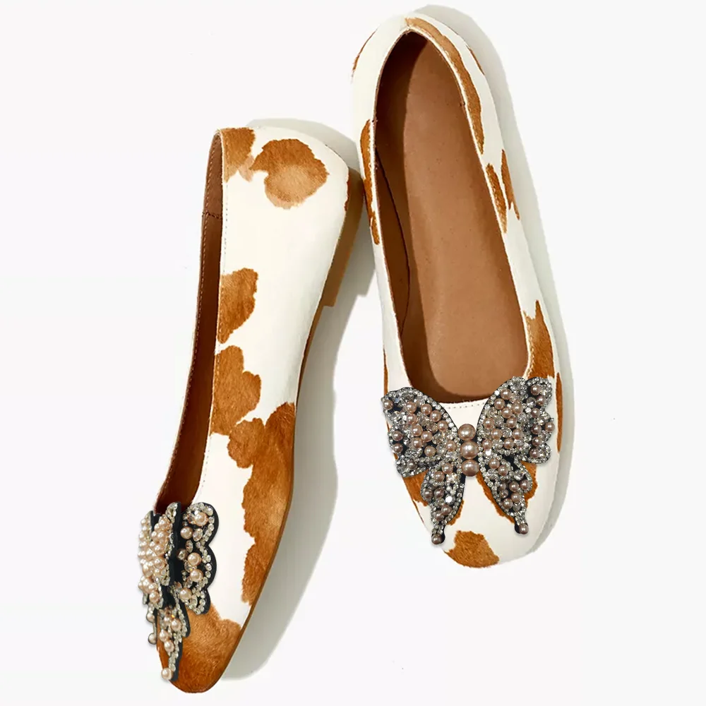 Brown & White Cow Suede Round Toe Mules With Pearl Butterfly Decor Flats Nicepairs