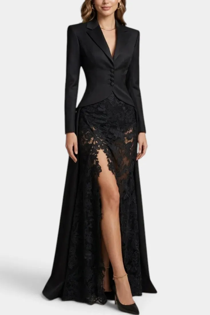 Structured Blazer with Lace High-Slit Gown