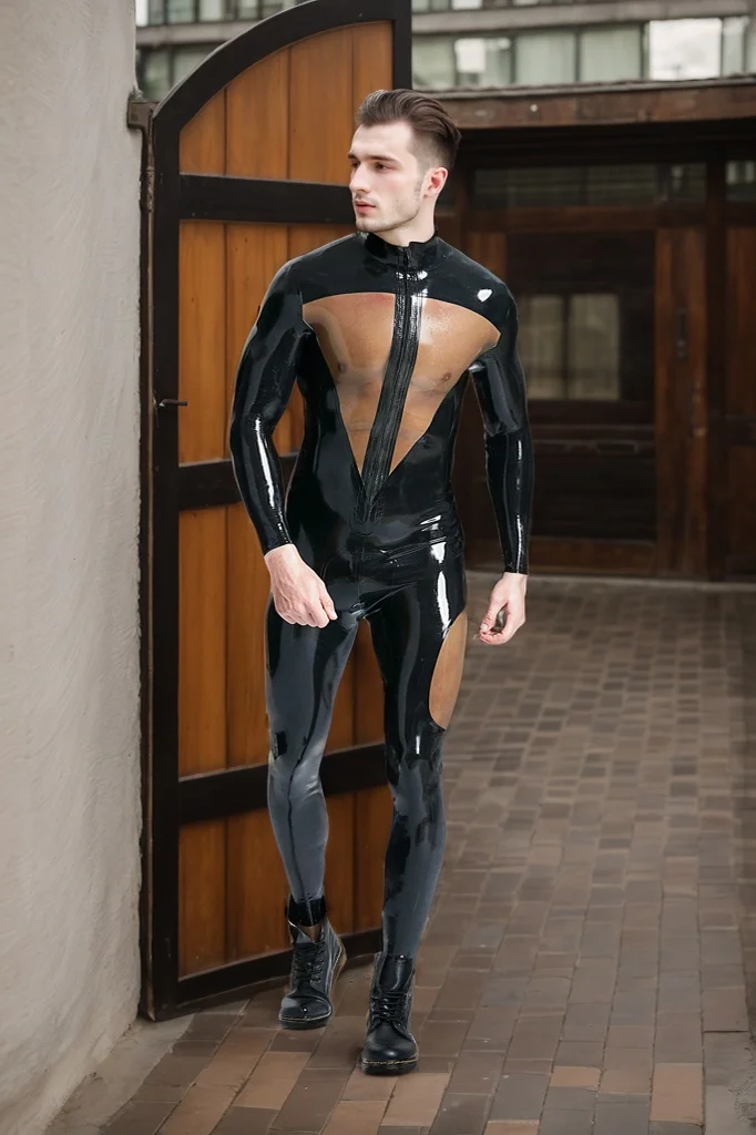 Men Latex Catsuits Male Dome Delusion Front Zipper Catsuit Semi  transparent Front Chest Catsuit - Black