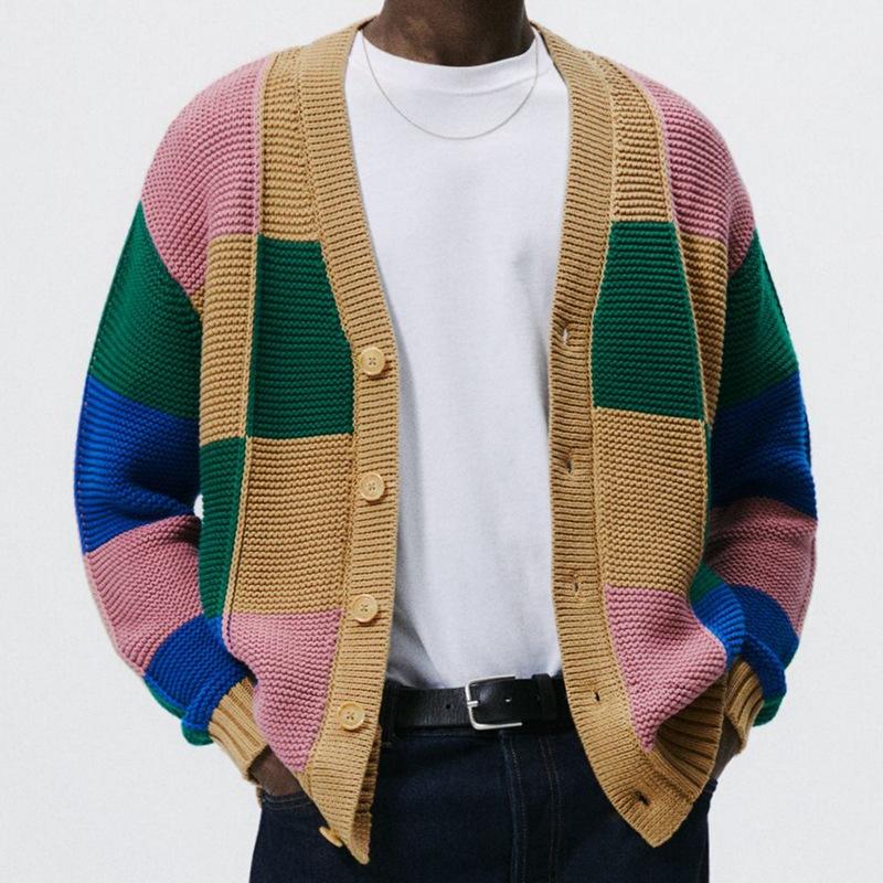 Men's Fashion Colorblock Single Breasted Long Sleeve Knit Cardigan 81050023M