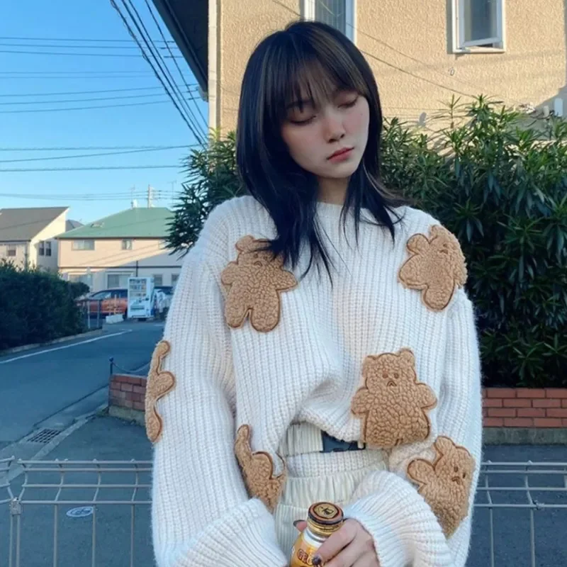 Jangj Cartoon Bear Sweater Women Cute Knitted Pullovers Japanese Harajuku Oversized Knitwears Korean Loose Casual Jumper Tops